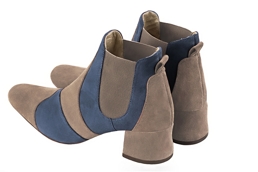 Tan beige and denim blue women's ankle boots, with elastics. Round toe. Low flare heels. Rear view - Florence KOOIJMAN